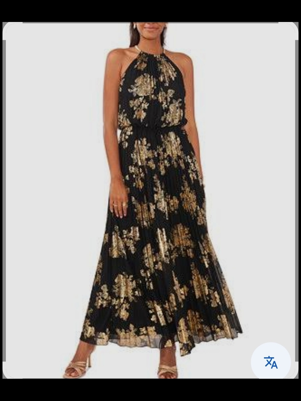 MSK Black and Gold Halter Floral Pleated Maxi Dress